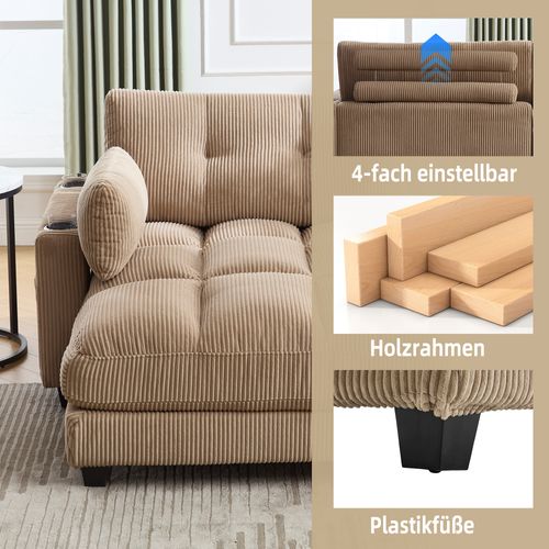 Canapé Convertible En Velours Kaki Avec Repose-tête, Accoudoirs Modulables Et Rangement