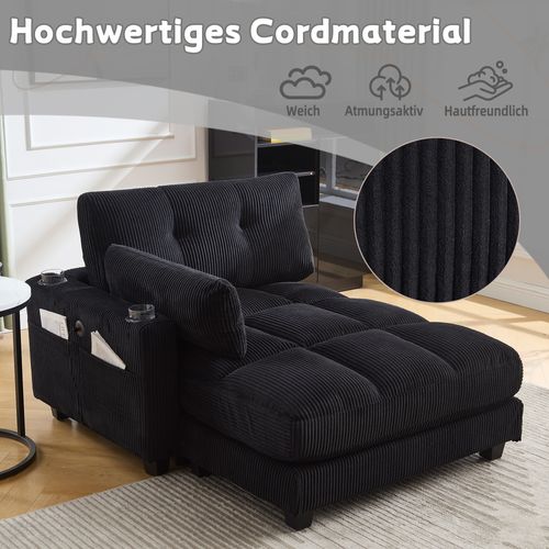 Canapé Convertible Noir En Velours Rayé Avec Accoudoirs Modulables Et Porte-gobelets