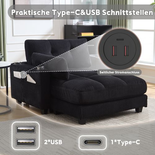 Canapé Convertible Noir En Velours Rayé Avec Accoudoirs Modulables Et Porte-gobelets