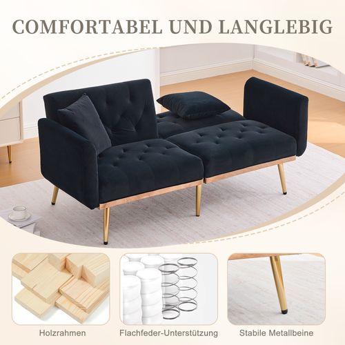 Canapé 3 Places En Velours Noir, Convertible Avec Dossier Réglable Et Coussins