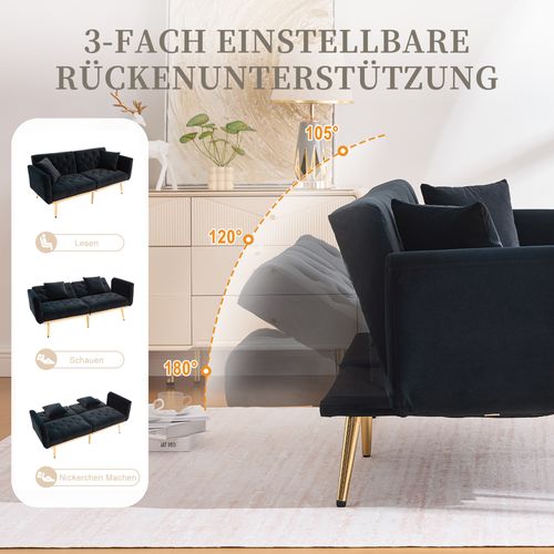 Canapé 3 Places En Velours Noir, Convertible Avec Dossier Réglable Et Coussins