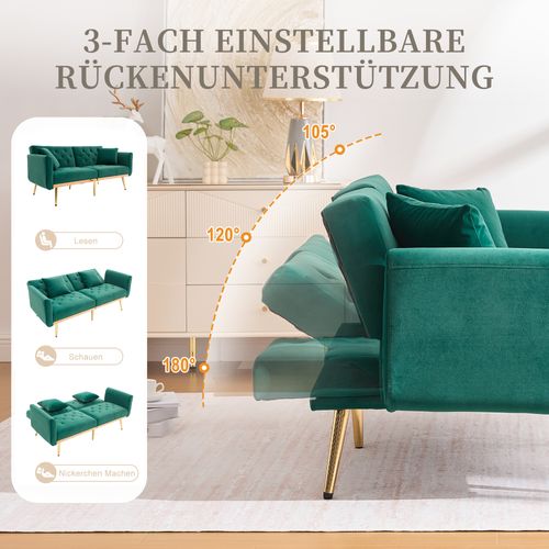 Canapé 3 Places En Velours Vert Émeraude, Convertible Avec Dossier Réglable Et Coussins