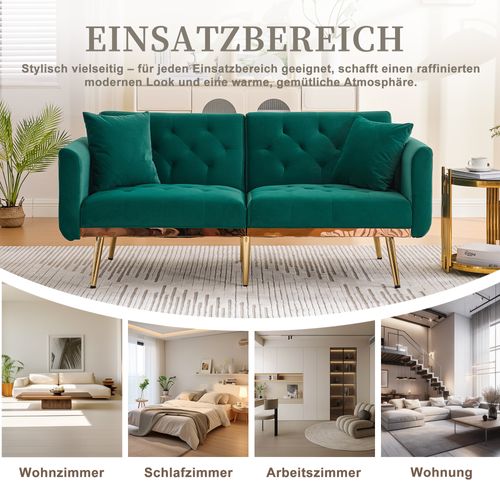 Canapé 3 Places En Velours Vert Émeraude, Convertible Avec Dossier Réglable Et Coussins