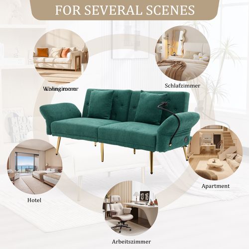 Canapé-lit 2 Places Vert Avec USB, Tissu Doux Et Rangement Intégré