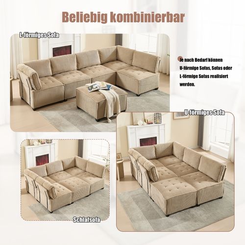 Canapé Modulable 6 Places - Velours Côtelé, Beige