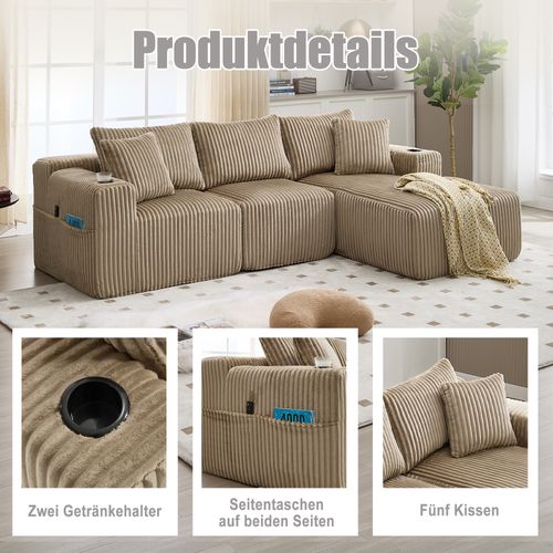 Sofa Modulable Khaki Avec Chaiselongue, 2 Places, Cordon Doux Et Accessoires