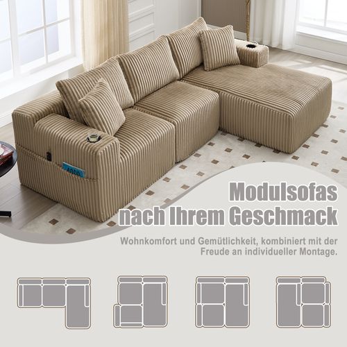 Sofa Modulable Khaki Avec Chaiselongue, 2 Places, Cordon Doux Et Accessoires