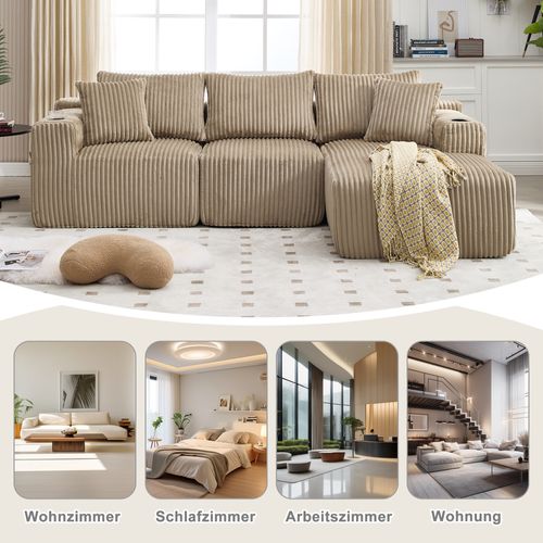 Sofa Modulable Khaki Avec Chaiselongue, 2 Places, Cordon Doux Et Accessoires