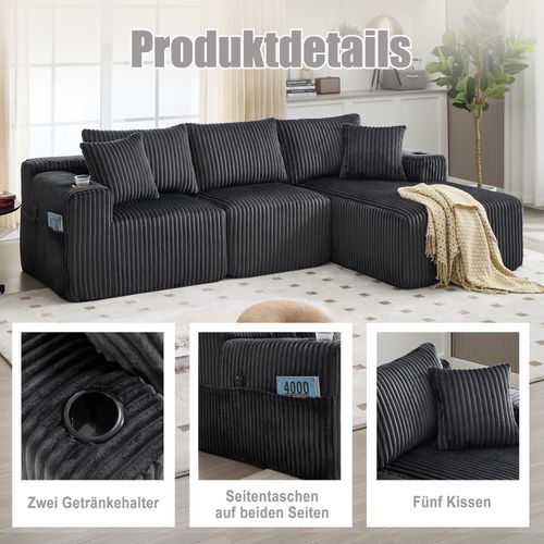 Canapé Modulable Gris Avec Chaiselongue, 2 Places, Cordon Doux Et Accessoires