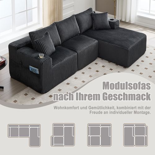 Canapé Modulable Gris Avec Chaiselongue, 2 Places, Cordon Doux Et Accessoires