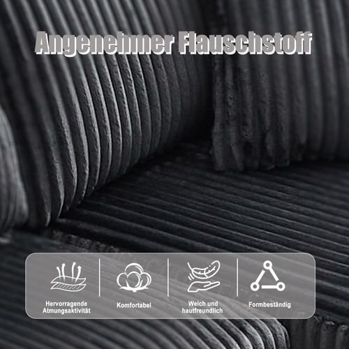 Canapé Modulable Gris Avec Chaiselongue, 2 Places, Cordon Doux Et Accessoires