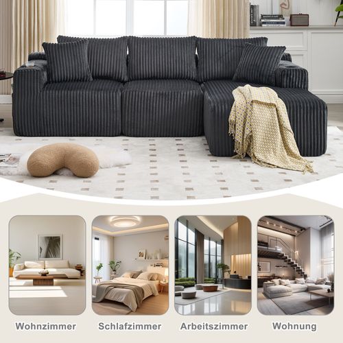 Canapé Modulable Gris Avec Chaiselongue, 2 Places, Cordon Doux Et Accessoires