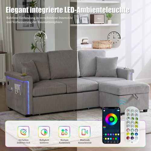 Canapé En Velours Avec LED, USB-c Et Rangements, Couleur Gris Clair