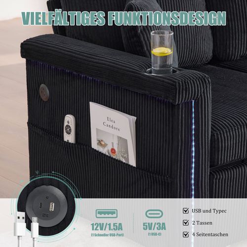 Canapé En Velours Noir Avec LED, USB-c, Rangements Et Poches Latérales