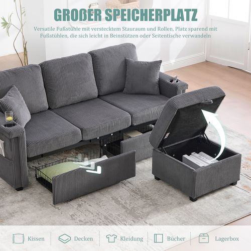 Canapé En Velours Gris Foncé Avec LED, Ports USB-c Et Rangements Intégrés