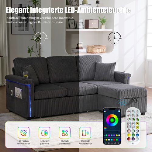 Canapé En Velours Gris Foncé Avec LED, Ports USB-c Et Rangements Intégrés