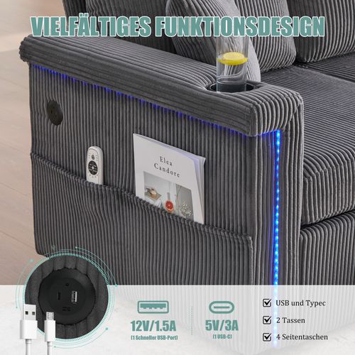 Canapé En Velours Gris Foncé Avec LED, Ports USB-c Et Rangements Intégrés