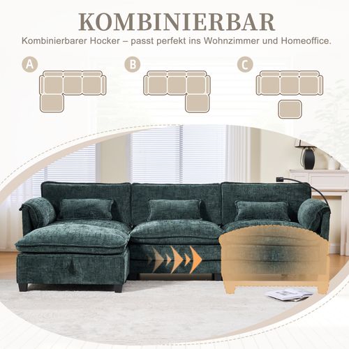 Canapé 3 Places Smaragd En Chenille Avec USB, Memory Foam Et Hocker Modulable