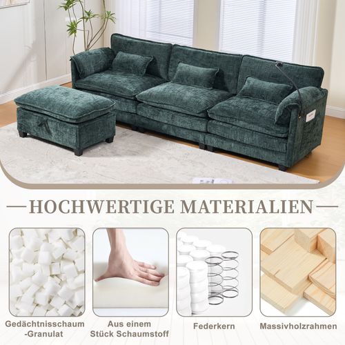 Canapé 3 Places Smaragd En Chenille Avec USB, Memory Foam Et Hocker Modulable