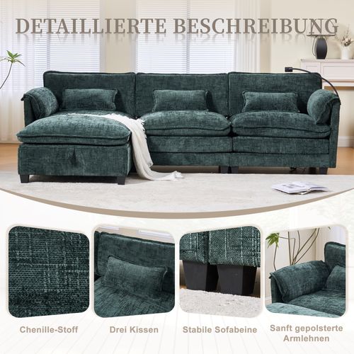 Canapé 3 Places Smaragd En Chenille Avec USB, Memory Foam Et Hocker Modulable