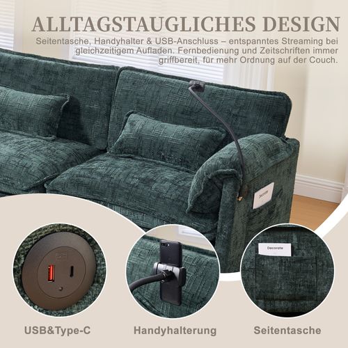Canapé 3 Places Smaragd En Chenille Avec USB, Memory Foam Et Hocker Modulable
