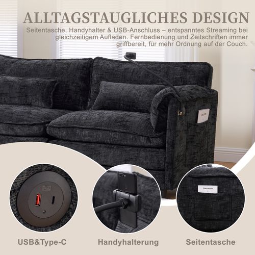 Canapé 3 Places Noir En Chenille Avec USB, Memory Foam Et Hocker Modulable