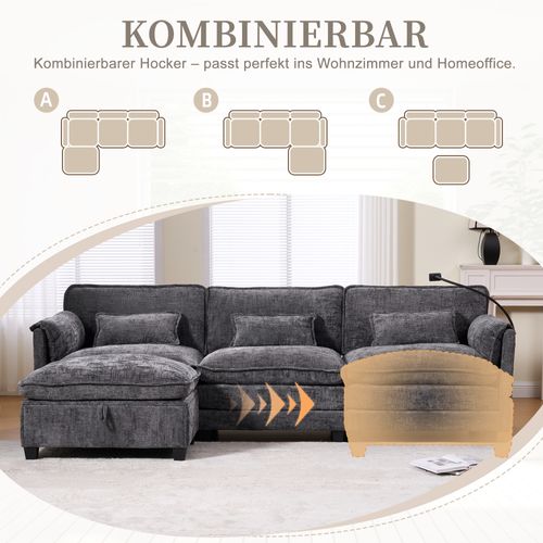 Canapé 3 Places Gris En Chenille Avec USB, Memory Foam Et Hocker Modulable