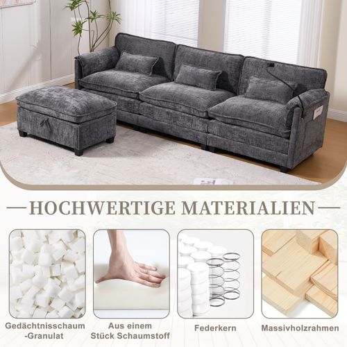 Canapé 3 Places Gris En Chenille Avec USB, Memory Foam Et Hocker Modulable