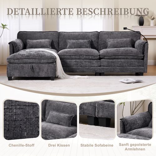 Canapé 3 Places Gris En Chenille Avec USB, Memory Foam Et Hocker Modulable