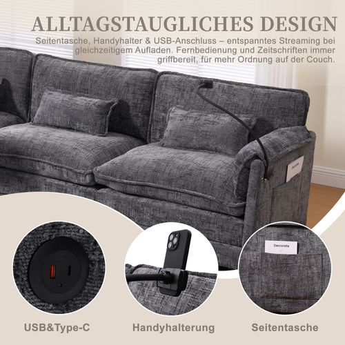 Canapé 3 Places Gris En Chenille Avec USB, Memory Foam Et Hocker Modulable
