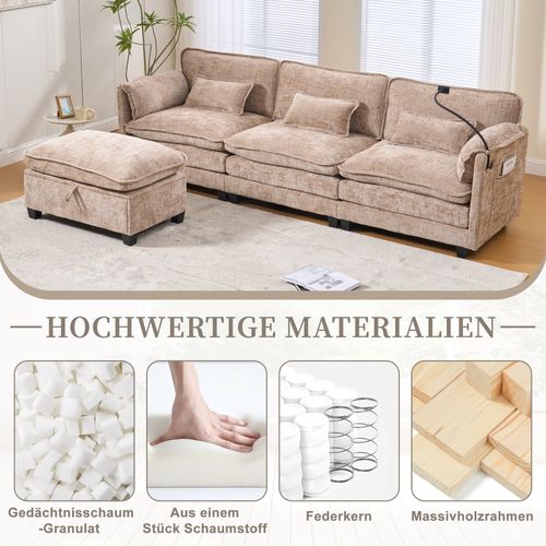 Canapé 3 Places Khaki En Chenille Avec USB, Memory Foam Et Hocker Modulable