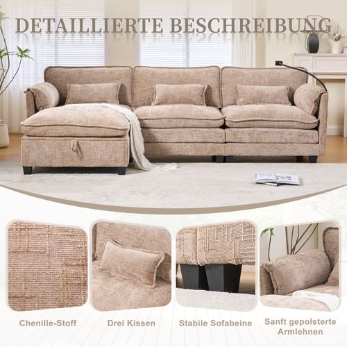 Canapé 3 Places Khaki En Chenille Avec USB, Memory Foam Et Hocker Modulable