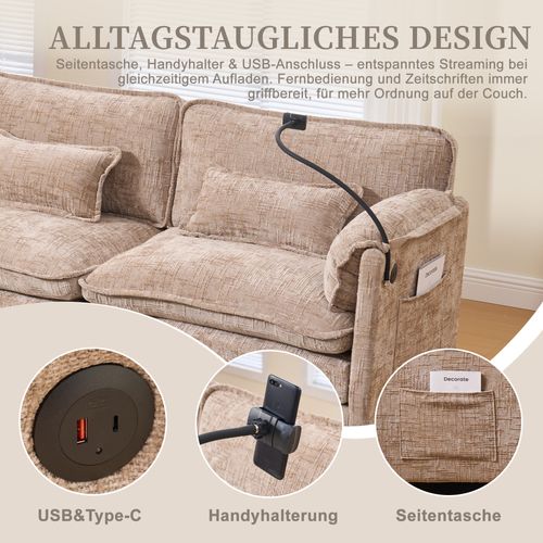 Canapé 3 Places Khaki En Chenille Avec USB, Memory Foam Et Hocker Modulable