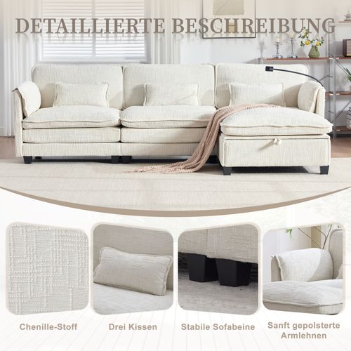 Canapé 3 Places Beige En Chenille Avec USB, Memory Foam Et Hocker Modulable