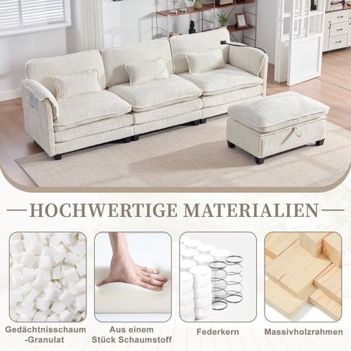 Canapé 3 Places Beige En Chenille Avec USB, Memory Foam Et Hocker Modulable