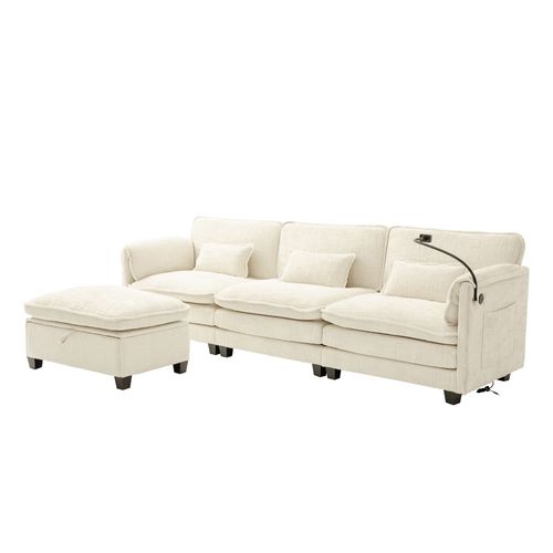 Canapé 3 Places Beige En Chenille Avec USB, Memory Foam Et Hocker Modulable