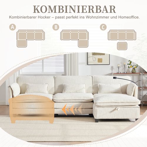 Canapé 3 Places Beige En Chenille Avec USB, Memory Foam Et Hocker Modulable