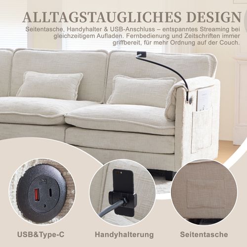 Canapé 3 Places Beige En Chenille Avec USB, Memory Foam Et Hocker Modulable