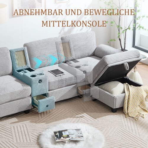 Grand Canapé Gris Clair En Corduroy Avec Mémoire De Forme Et Console Modulable