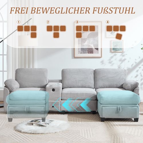 Grand Canapé Gris Clair En Corduroy Avec Mémoire De Forme Et Console Modulable