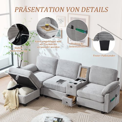 Grand Canapé Gris Clair En Corduroy Avec Mémoire De Forme Et Console Modulable