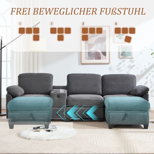 Grand Canapé Gris Foncé En Velours Côtelé Avec Mémoire De Forme Et Ottoman Modulable