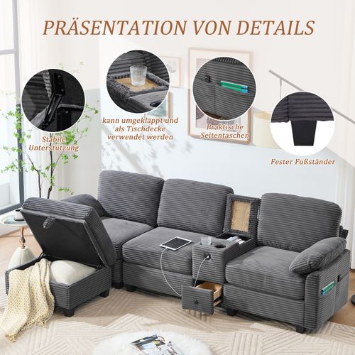 Grand Canapé Gris Foncé En Velours Côtelé Avec Mémoire De Forme Et Ottoman Modulable