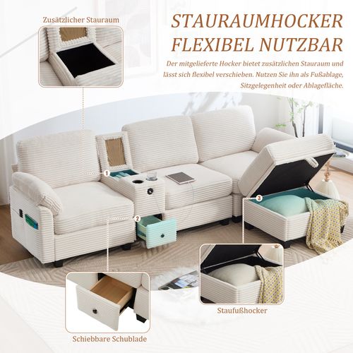 Grand Canapé Beige En Velours Côtelé Avec Memory Foam Et Ottoman Modulable