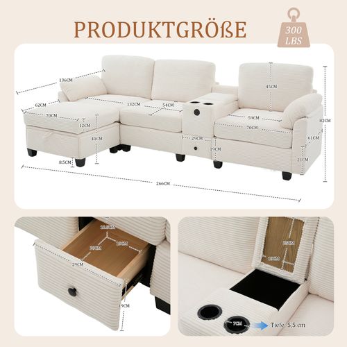 Grand Canapé Beige En Velours Côtelé Avec Memory Foam Et Ottoman Modulable