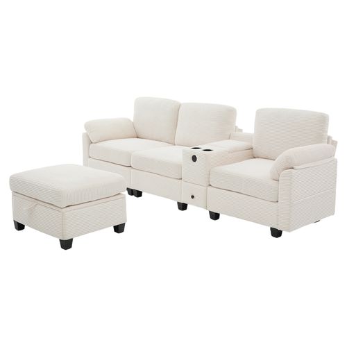 Grand Canapé Beige En Velours Côtelé Avec Memory Foam Et Ottoman Modulable
