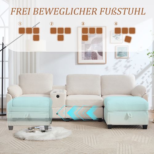 Grand Canapé Beige En Velours Côtelé Avec Memory Foam Et Ottoman Modulable