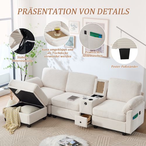 Grand Canapé Beige En Velours Côtelé Avec Memory Foam Et Ottoman Modulable