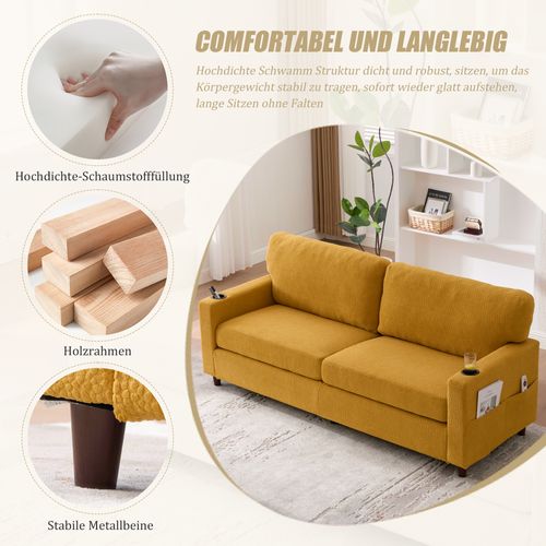 Canapé 2 Places En Chenille Senfgelb Avec LED, USB-c Et Rangements