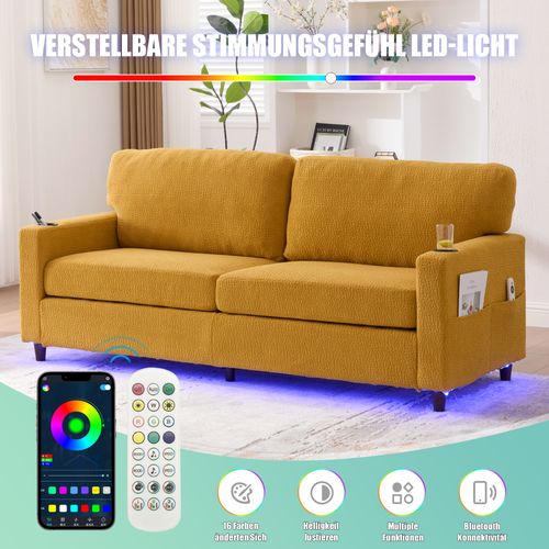 Canapé 2 Places En Chenille Senfgelb Avec LED, USB-c Et Rangements